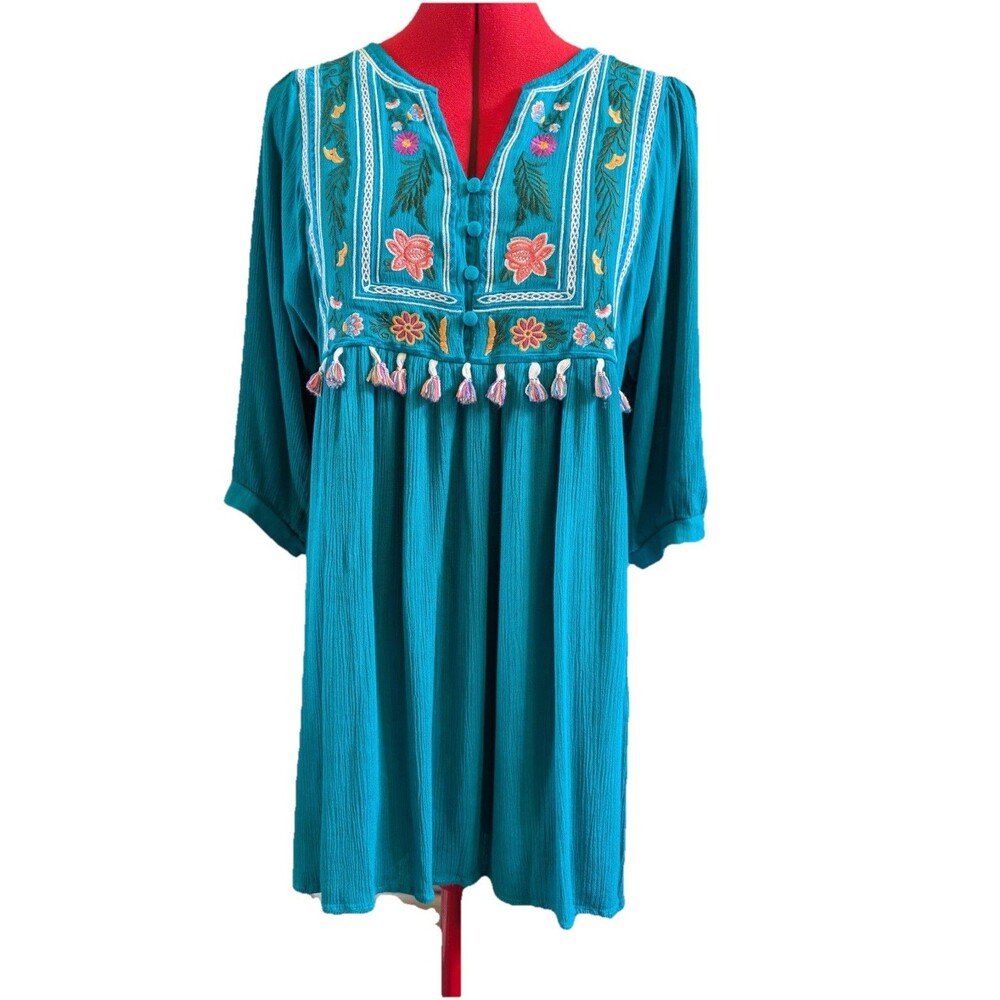 Umgee Women’s Teal Green Floral Embroidered Tunic Dress Size Large